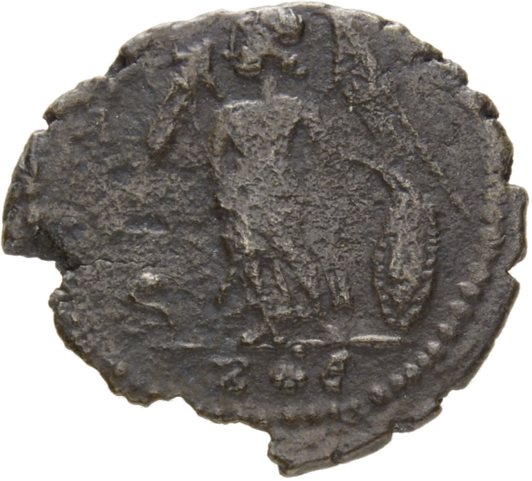 RIC VIII Rome 18 Constantine II reverse, Victory, winged, draped, standing left, right foot on prow, holding transverse sc...