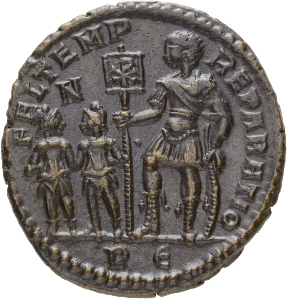 RIC VIII Rome 188 Magnentius reverse, Constantius II, draped, cuirassed, standing left, holding standard with Chi-Rho on b...