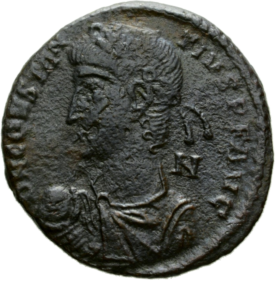 RIC VIII Rome 188 Magnentius obverse, Bust of Constantius II, laureate, rosette-diademed, draped, cuirassed, left, holding...