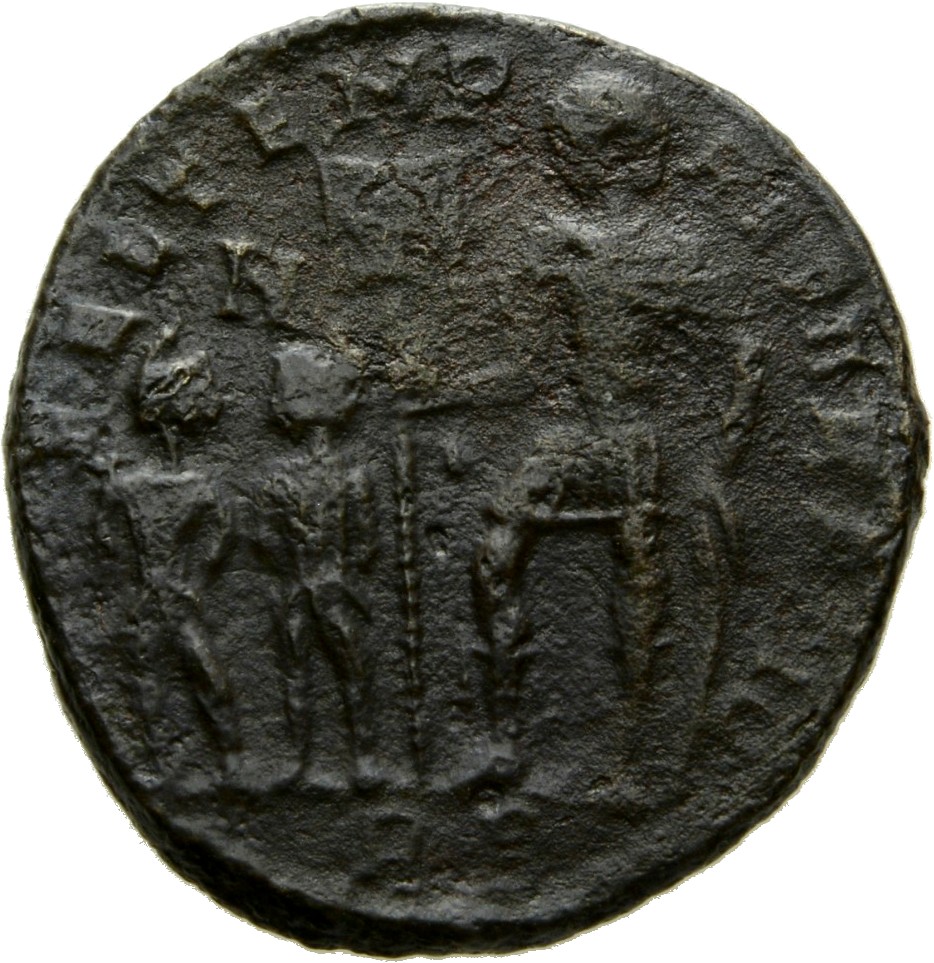 RIC VIII Rome 188 Magnentius reverse — Constantius II, draped, cuirassed, standing left, holding standard with Chi-Rho on ...