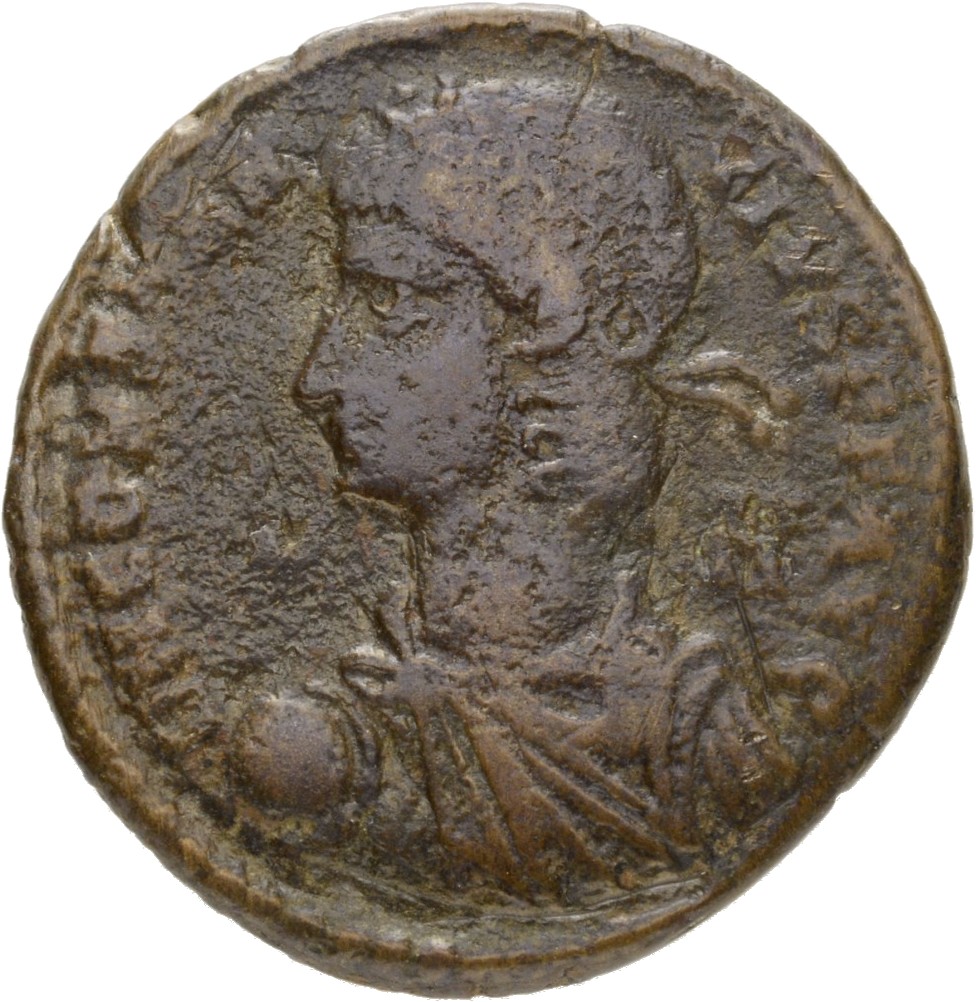 RIC VIII Rome 190 Magnentius obverse, Bust of Constantius II, laureate, rosette-diademed, draped, cuirassed, left, holding...