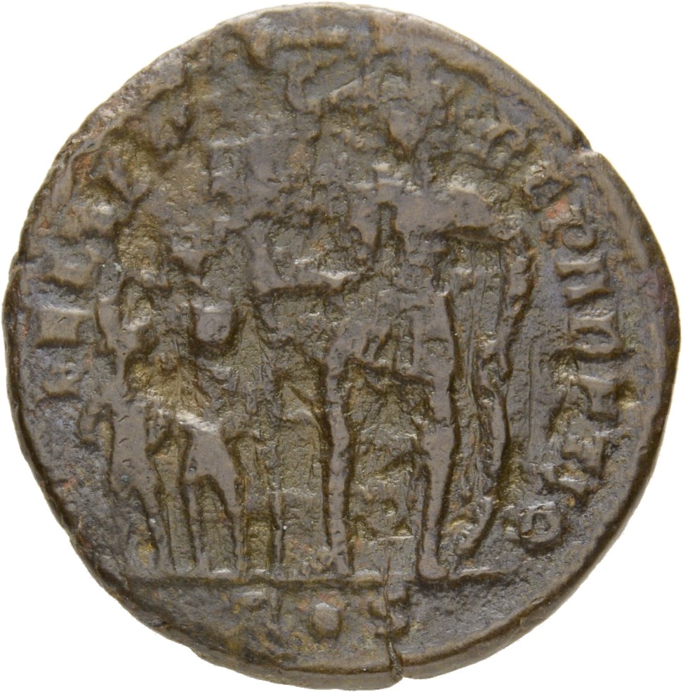 RIC VIII Rome 190 Magnentius reverse, Constantius II, draped, cuirassed, standing left, holding standard with Chi-Rho on b...