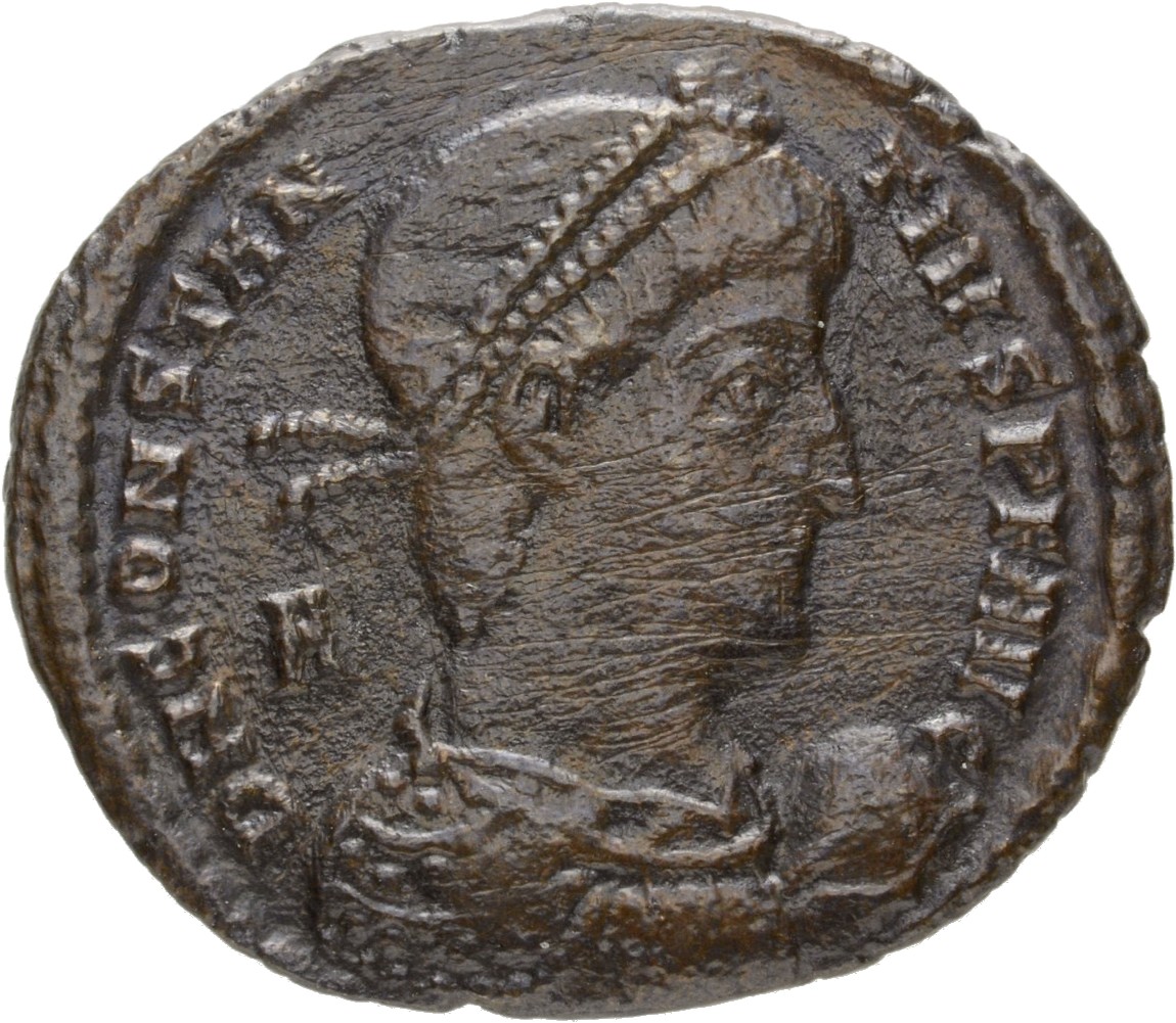 RIC VIII Rome 195 Magnentius obverse, Bust of Constantius II, pearl-diademed, draped, cuirassed, right, holding globe in r...