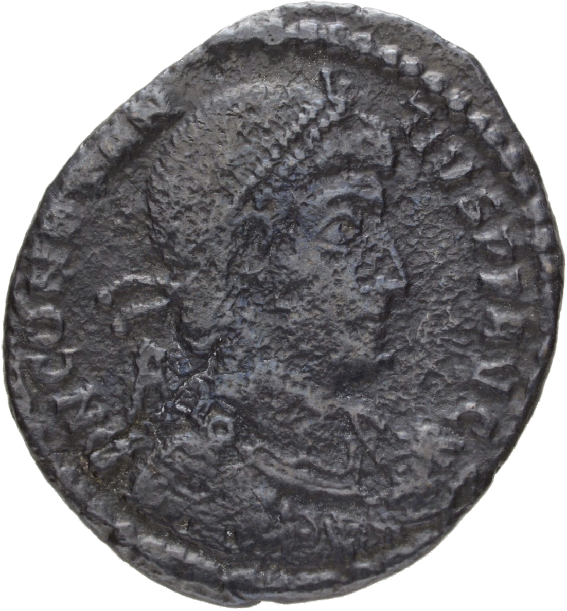 RIC VIII Rome 195 Magnentius obverse, Bust of Constantius II, pearl-diademed, draped, cuirassed, right, holding globe in r...