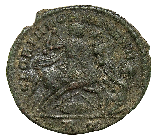 RIC VIII Rome 197 Magnentius reverse, Magnentius, draped, cuirassed, galloping right, spearing barbarian with right hand; ...
