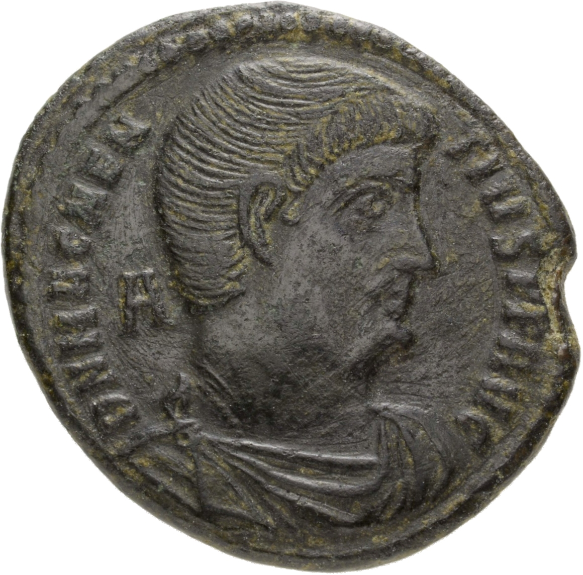 RIC VIII Rome 197 Magnentius obverse, Bust of Magnentius, bareheaded, draped, cuirassed, right; A behind bust