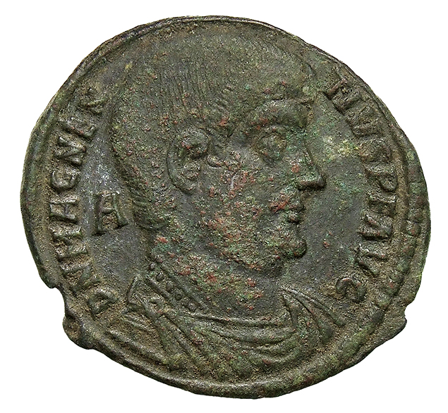 RIC VIII Rome 197 Magnentius obverse, Bust of Magnentius, bareheaded, draped, cuirassed, right; A behind bust