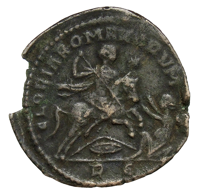 RIC VIII Rome 197 Magnentius reverse, Magnentius, draped, cuirassed, galloping right, spearing barbarian with right hand; ...