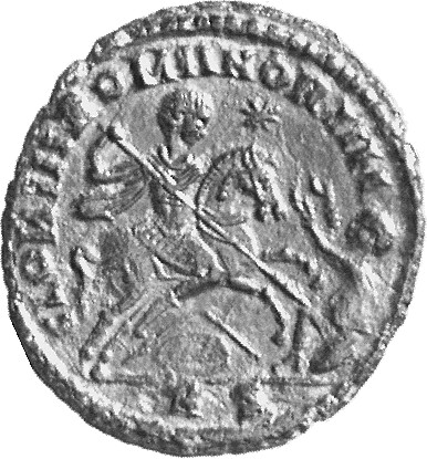 RIC VIII Rome 200 Magnentius reverse, Nepotian, draped, cuirassed, galloping right, spearing barbarian with right hand; ba...