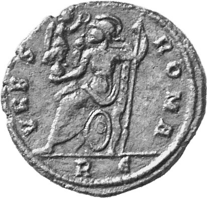 RIC VIII Rome 202 Magnentius reverse, Roma, helmeted, draped, seated left on throne, holding Victory on globe in right han...