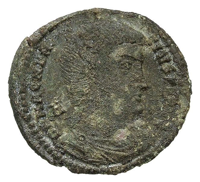 RIC VIII Rome 206 Magnentius obverse, Bust of Magnentius, bareheaded, draped, cuirassed, right; A behind bust