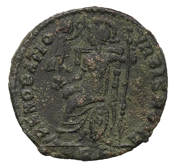 RIC VIII Rome 207 Magnentius reverse, Roma, helmeted, draped, seated left on throne, holding Victory on globe in right han...