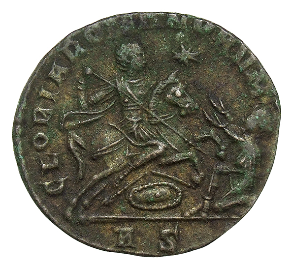 RIC VIII Rome 209 Magnentius reverse, Constantius II, draped, cuirassed, galloping right, spearing barbarian with right ha...
