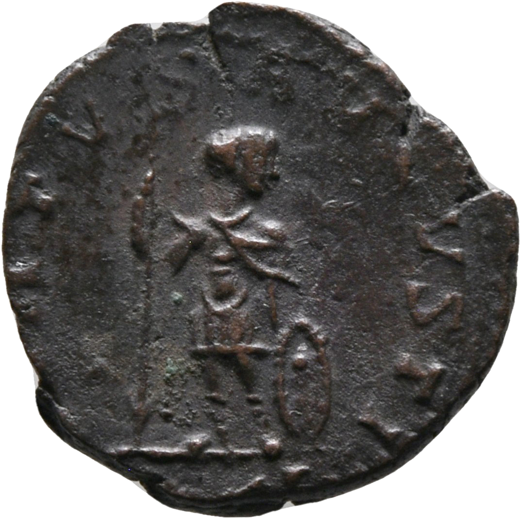 RIC VIII Rome 21 Constantine II reverse, Constantine II, draped, cuirassed, standing front, head right, holding spear in r...