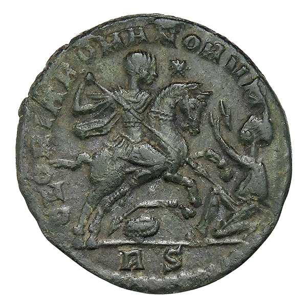 RIC VIII Rome 210 Magnentius reverse, Constantius II, draped, cuirassed, galloping right, spearing barbarian with right ha...