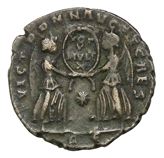 RIC VIII Rome 216 Magnentius reverse, Two Victories, winged, draped, standing facing each other, holding between them wrea...