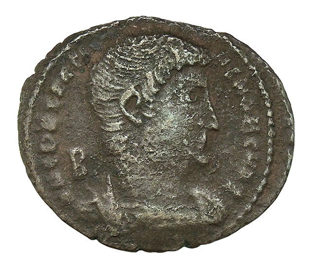 RIC VIII Rome 217 Magnentius obverse, Bust of Decentius, bareheaded, cuirassed, right; B behind bust