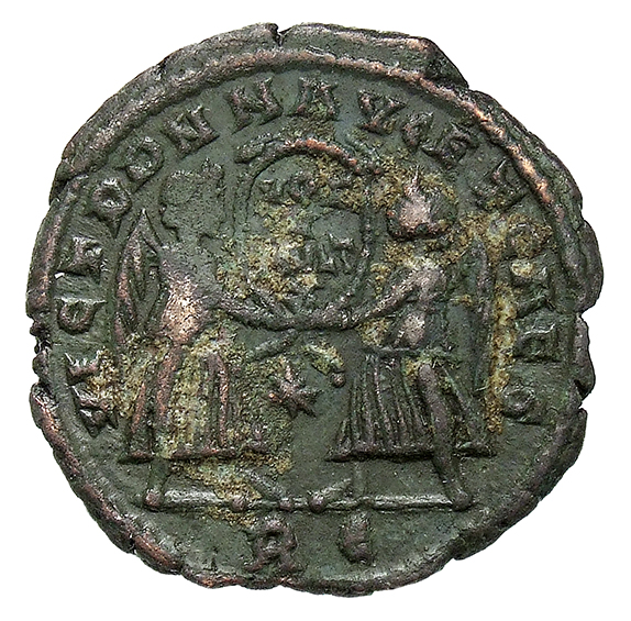 RIC VIII Rome 218 Magnentius reverse, Two Victories, winged, draped, standing facing each other, holding between them wrea...