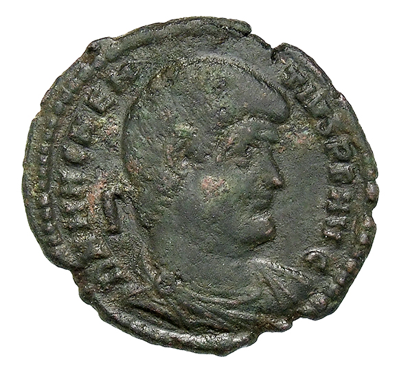 RIC VIII Rome 218 Magnentius obverse, Bust of Magnentius, bareheaded, draped, cuirassed, right; Γ behind bust