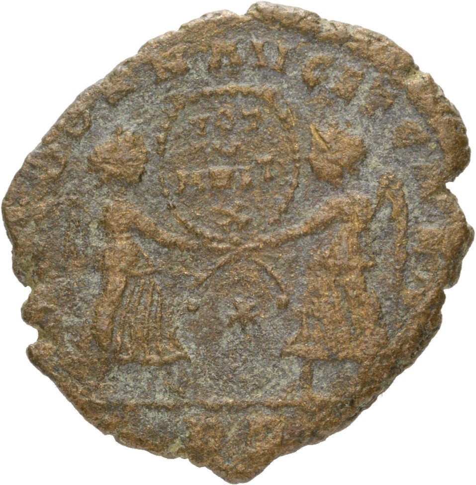 RIC VIII Rome 219 Magnentius reverse, Two Victories, winged, draped, standing facing each other, holding between them wrea...