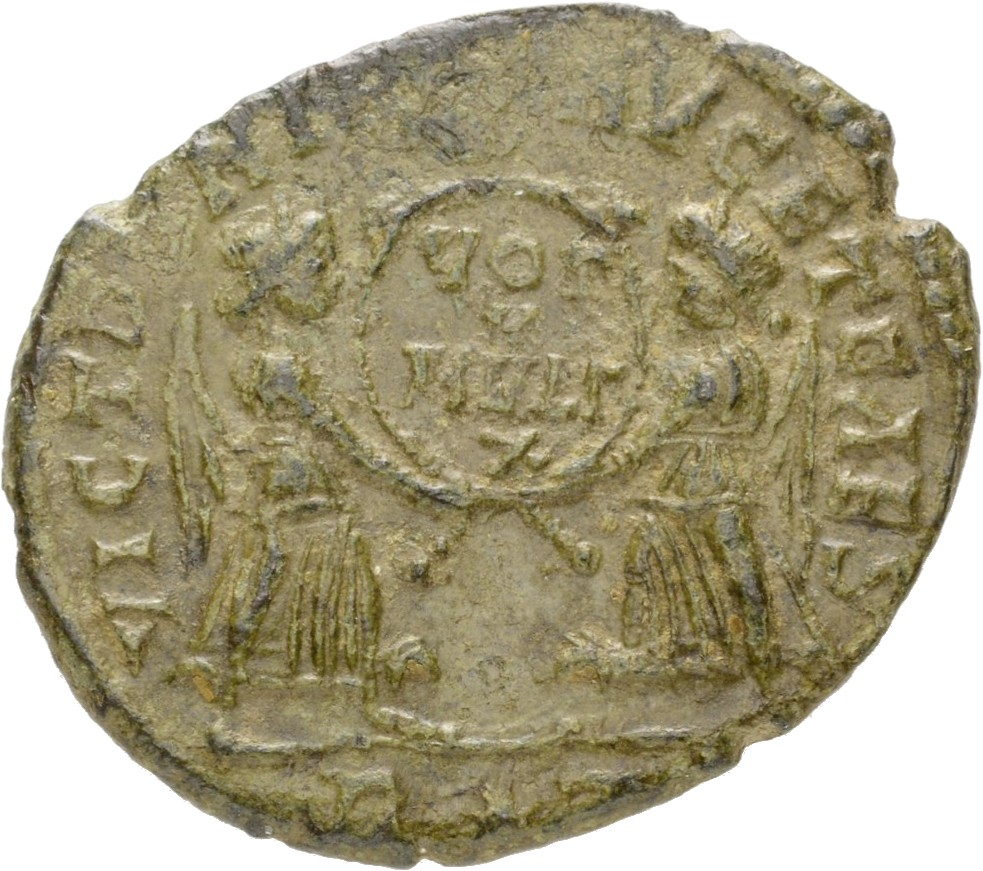 RIC VIII Rome 220 Magnentius reverse, Two Victories, winged, draped, standing facing each other, holding between them wrea...