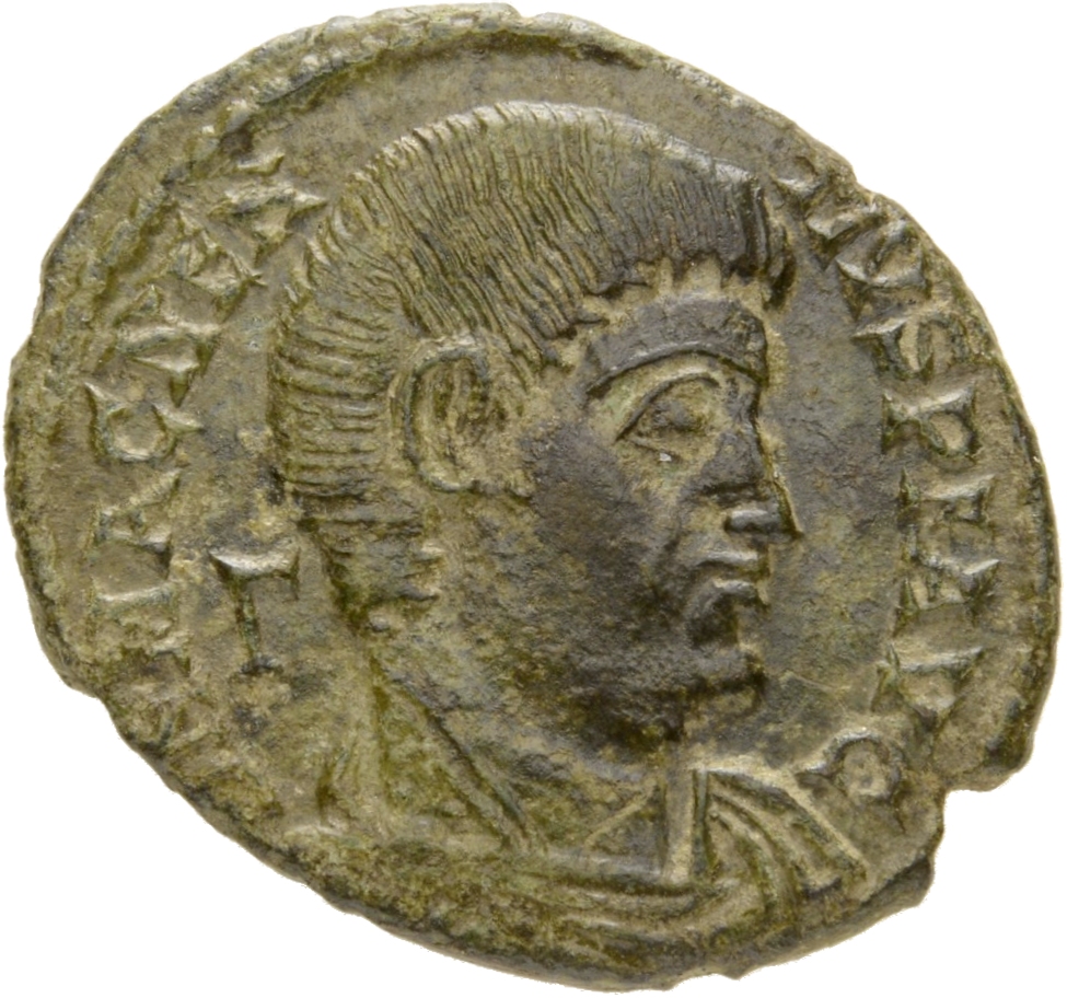 RIC VIII Rome 220 Magnentius obverse, Bust of Magnentius, bareheaded, draped, cuirassed, right; Γ behind bust