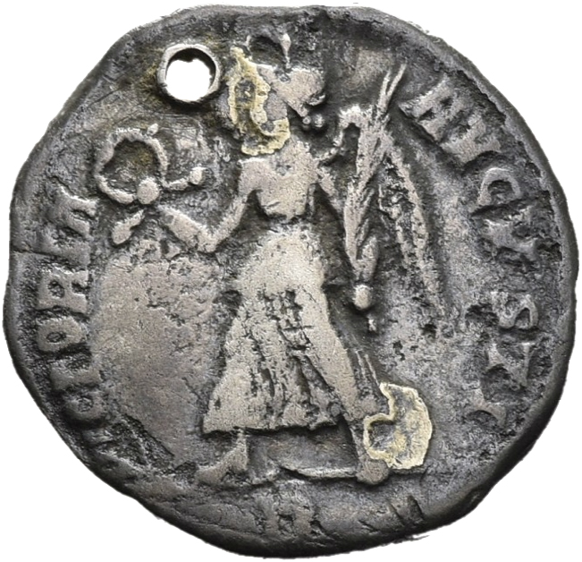 RIC VIII Rome 240a Constantius II reverse, Victory, winged, draped, walking left, holding wreath in right hand and palm in...