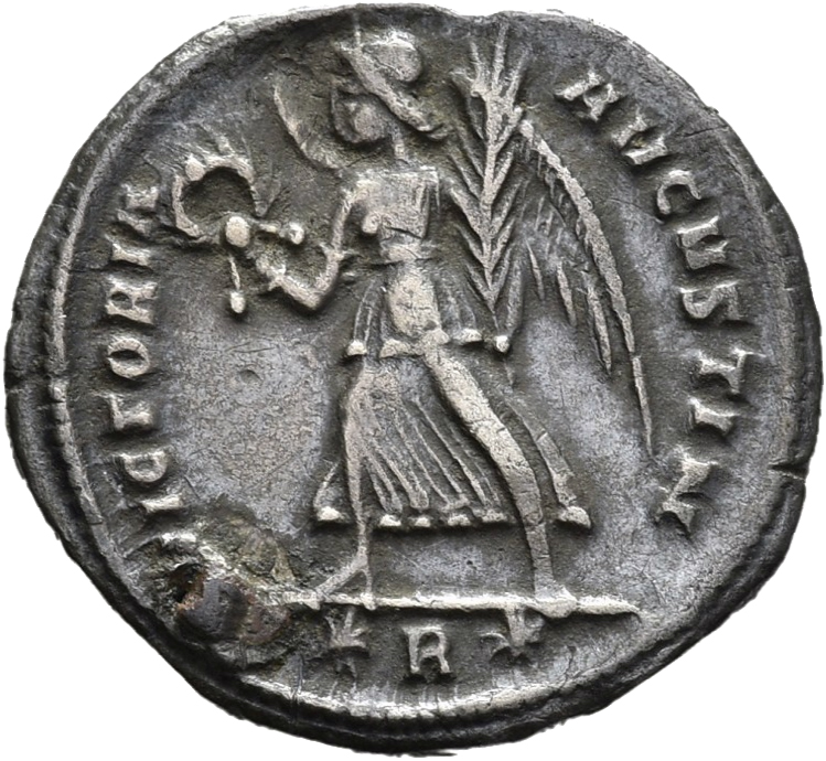 RIC VIII Rome 248 Constantius II reverse, Victory, winged, draped, walking left, holding wreath in right hand and palm in ...