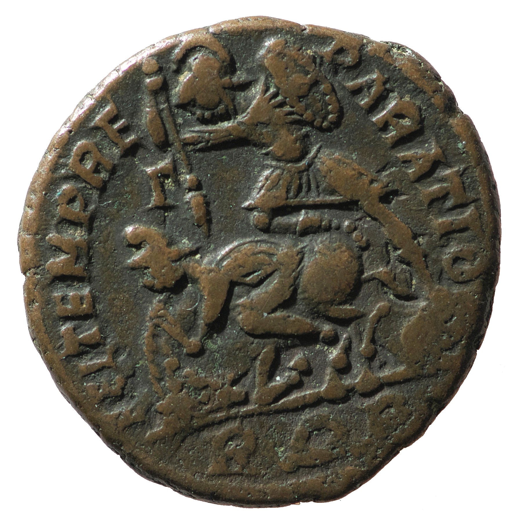 RIC VIII Rome 256 Constantius II reverse, Soldier, helmeted, draped, cuirassed, advancing left, spearing fallen horseman w...