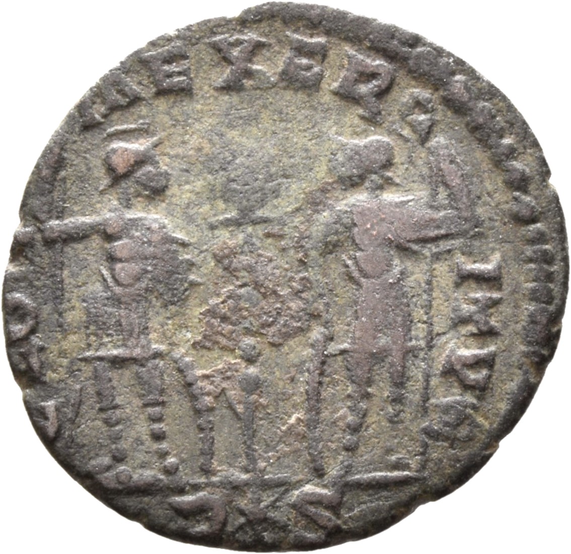 RIC VIII Rome 26 Constantine II reverse, Two soldiers, helmeted, draped, cuirassed, facing front, heads toward each other,...