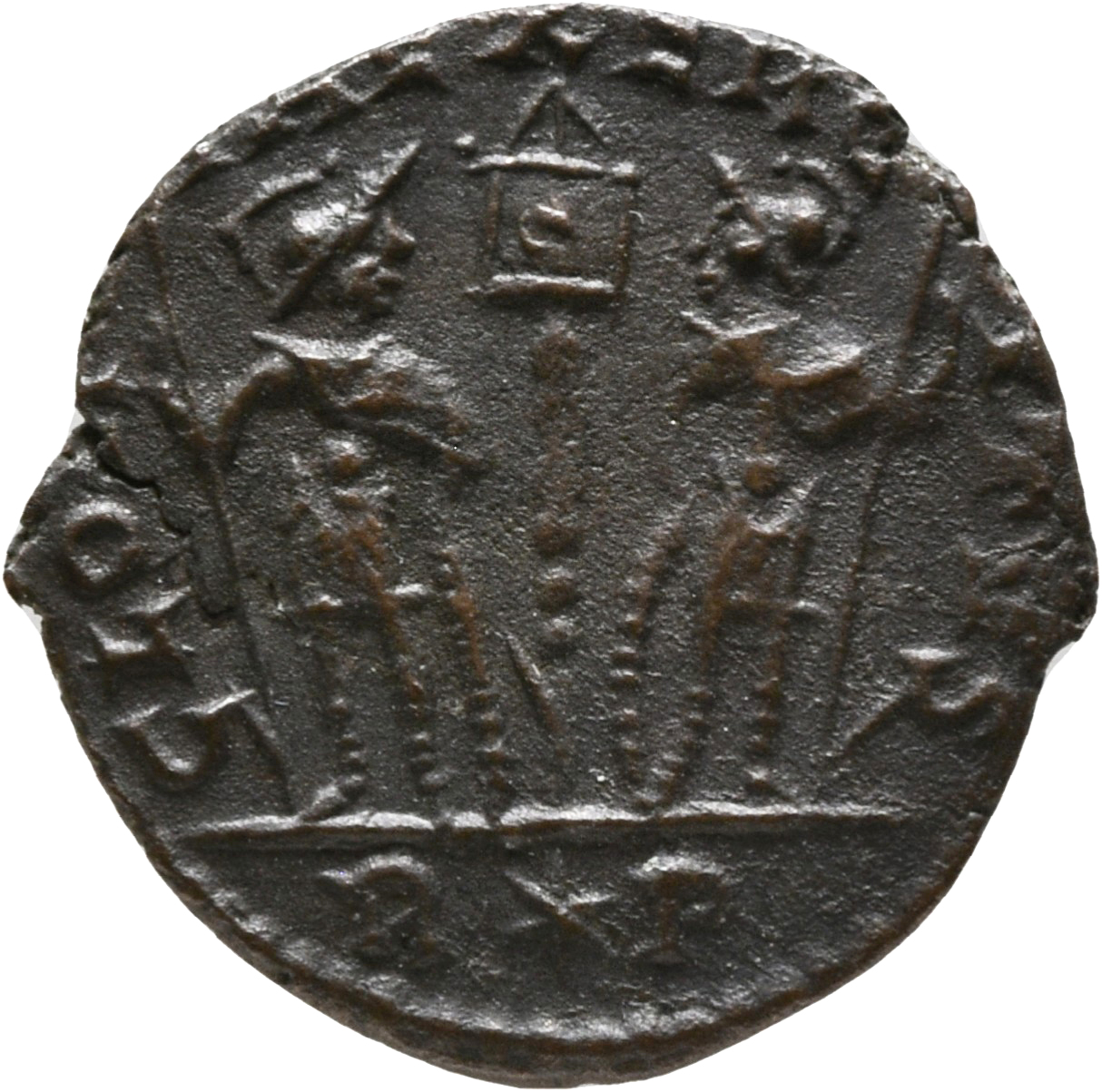 RIC VIII Rome 26 Constantine II reverse — Two soldiers, helmeted, draped, cuirassed, facing front, heads toward each other...