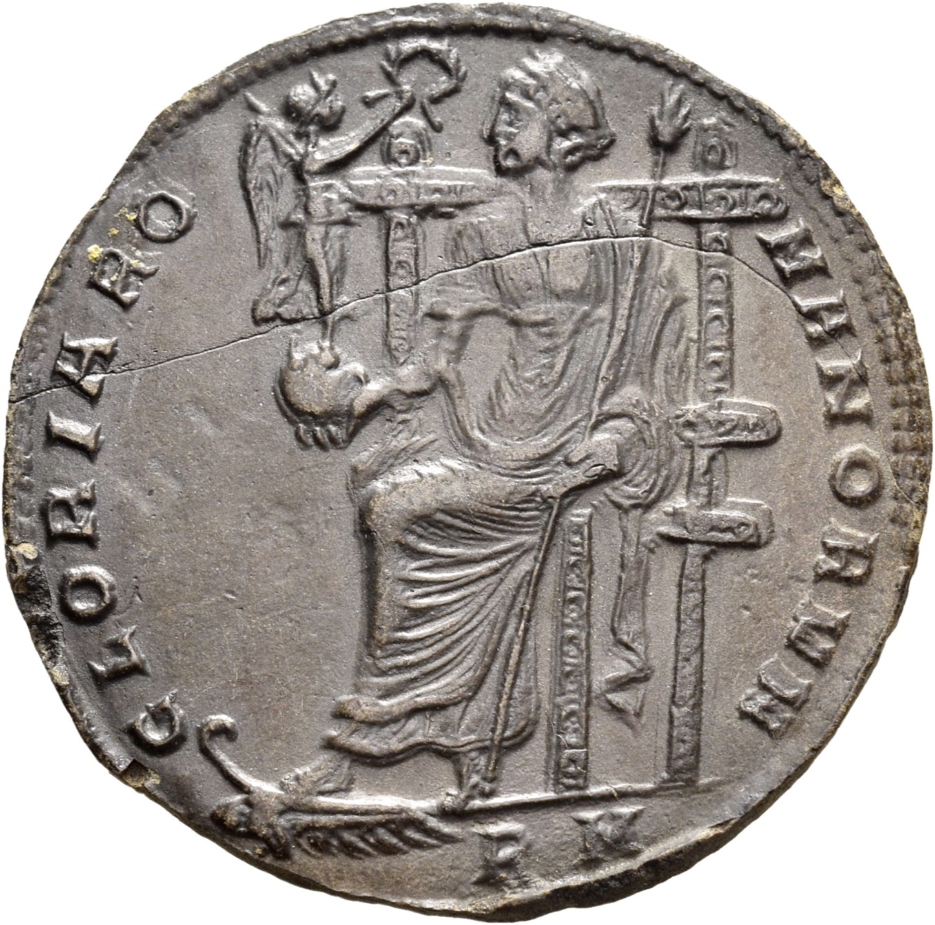 RIC VIII Rome 286 Constantius II reverse, Constantinopolis, draped, enthroned left, holding globe on which Victory stands ...
