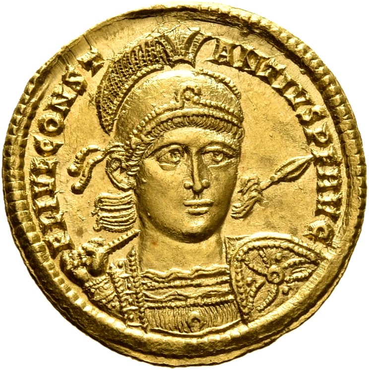 RIC VIII Rome 293 Constantius II obverse, Bust of Constantius II, pearl-diademed, wearing crested and diademed helmet, cui...