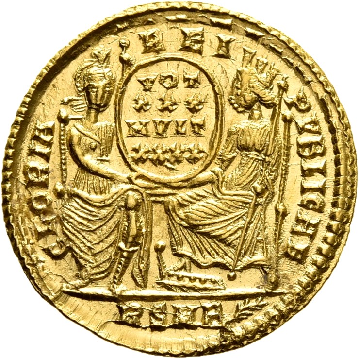 RIC VIII Rome 293 Constantius II reverse, Roma, helmeted, draped, enthroned front, and Constantinopolis, draped, enthroned...