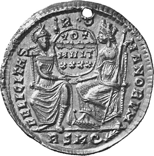 RIC VIII Rome 298 Constantius II reverse, Roma, helmeted, draped, enthroned front, and Constantinopolis, draped, enthroned...