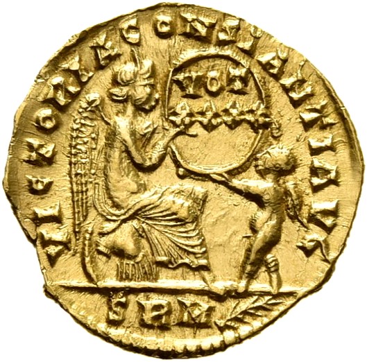 RIC VIII Rome 300 Constantius II reverse, Victory, winged, draped, seated right on cuirass, supporting a shield which she ...