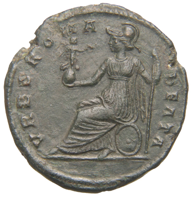 RIC VIII Rome 377 Constans reverse, Roma, helmeted, draped, seated left, holding Victory on globe in right hand and spear ...