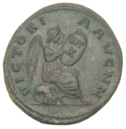 RIC VIII Rome 381 Constans reverse, Victory, winged, draped, seated right on cuirass, supporting a shield which she inscri...