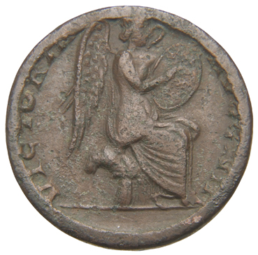 RIC VIII Rome 382 Constans reverse, Victory, winged, draped, seated right on cuirass, supporting a shield which she inscri...