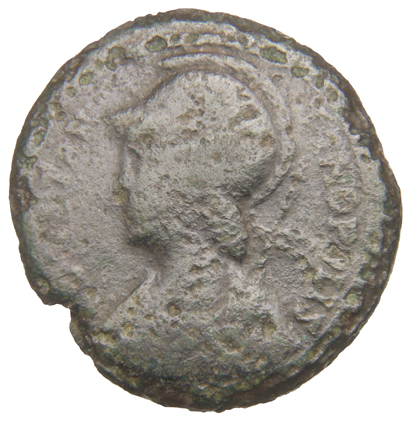 RIC VIII Rome 386 Constans obverse, Bust of Constantinopolis, laureate with crested helmet, wearing ornamental mantle and ...