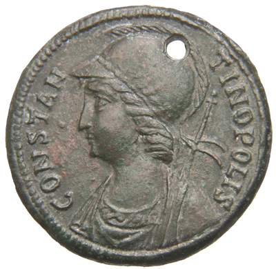 RIC VIII Rome 395 Constans obverse, Bust of Constantinopolis, laureate with crested helmet, wearing ornamental mantle and ...