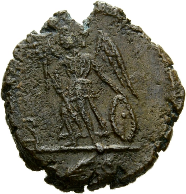 RIC VIII Rome 40 Constantine II reverse, Victory, winged, draped, standing left, right foot on prow, holding transverse sc...