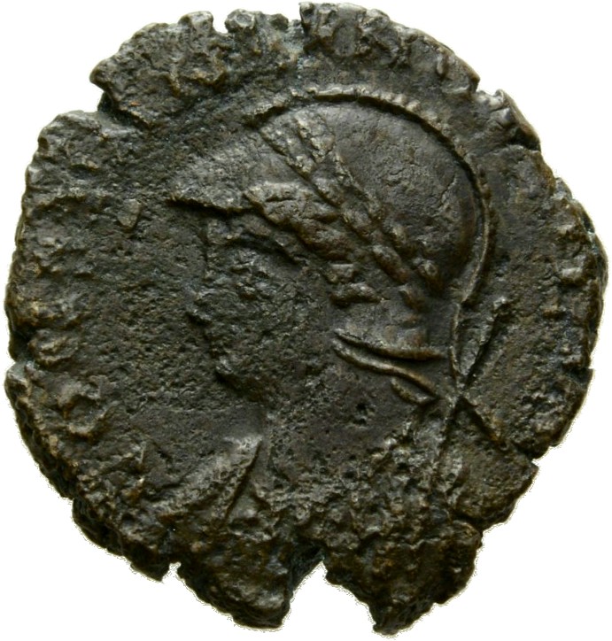 RIC VIII Rome 40 Constantine II obverse, Bust of Constantinopolis, laureate with crested helmet, wearing ornamental mantle...