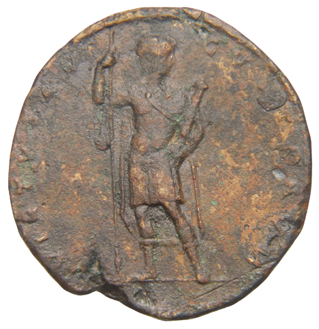 RIC VIII Rome 407 Magnentius reverse, Magnentius, draped, cuirassed, standing front, head right, holding spear in right ha...