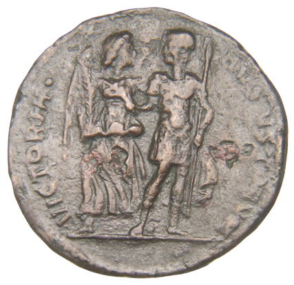 RIC VIII Rome 409 Magnentius reverse, Constantius II, draped, cuirassed, standing front, head left, raising right hand and...
