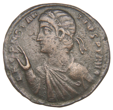 RIC VIII Rome 409 Magnentius obverse, Bust of Constantius II, laureate, rosette-diademed, draped, cuirassed, left, raising...
