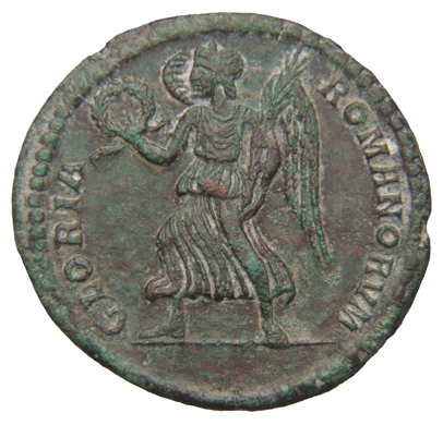 RIC VIII Rome 420 Constantius II reverse, Victory, winged, draped, walking left, holding wreath in right hand and palm in ...