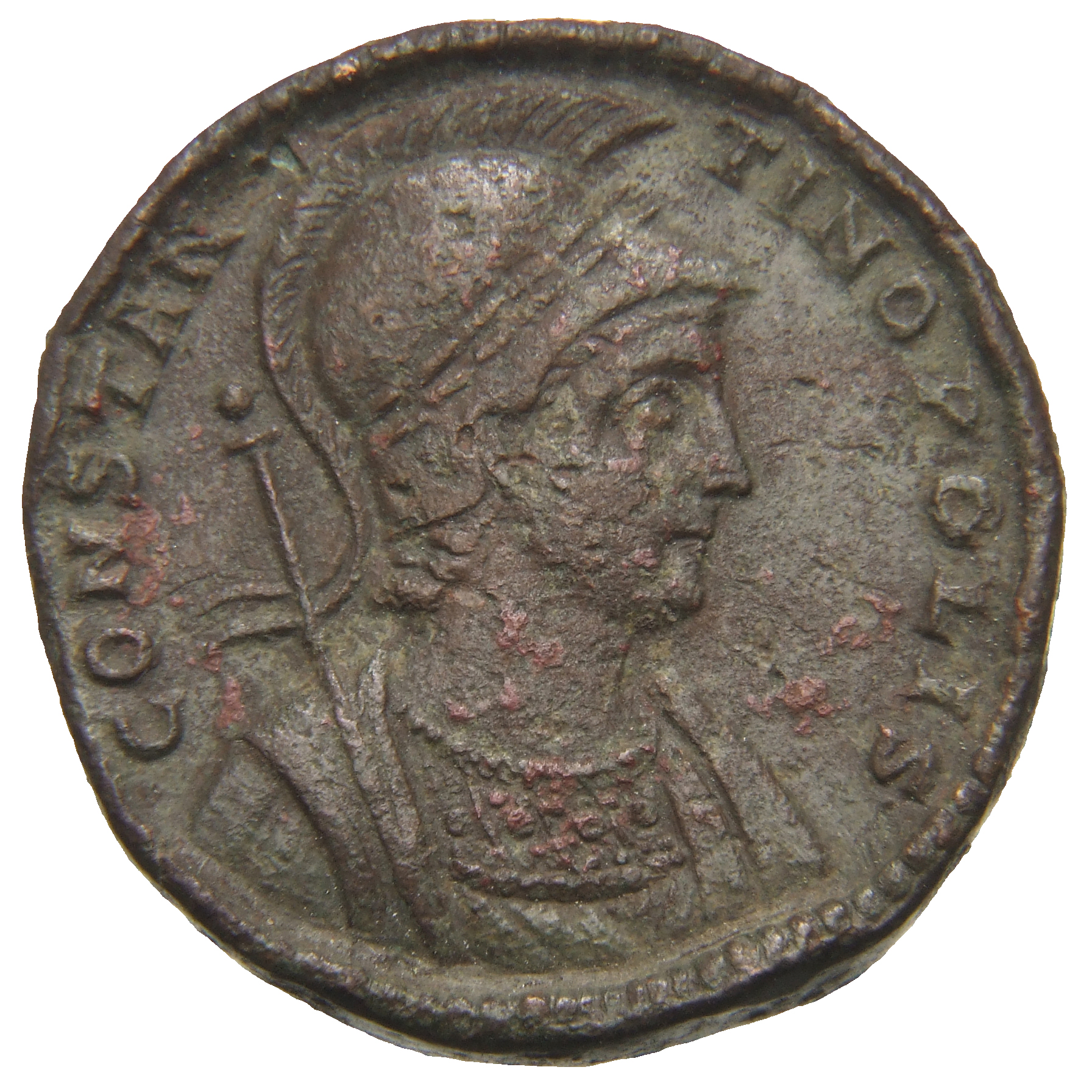 RIC VIII Rome 425 Constantius II obverse, Bust of Constantinopolis, wearing laureate and crested helmet, wearing necklace ...