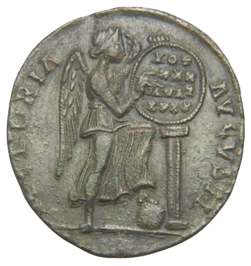 RIC VIII Rome 428 Constantius II reverse, Victory, winged, draped, standing right, inscribing VOT/XXX/MVLT/XXXX on shield ...