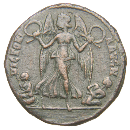 RIC VIII Rome 443 Constantius II reverse, Victory, winged, draped, advancing right, head left, holding wreath in each hand...